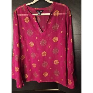 Zero Zero Womens Large Magenta Pink Gold Glitter Medallion Sheer Tunic Blouse